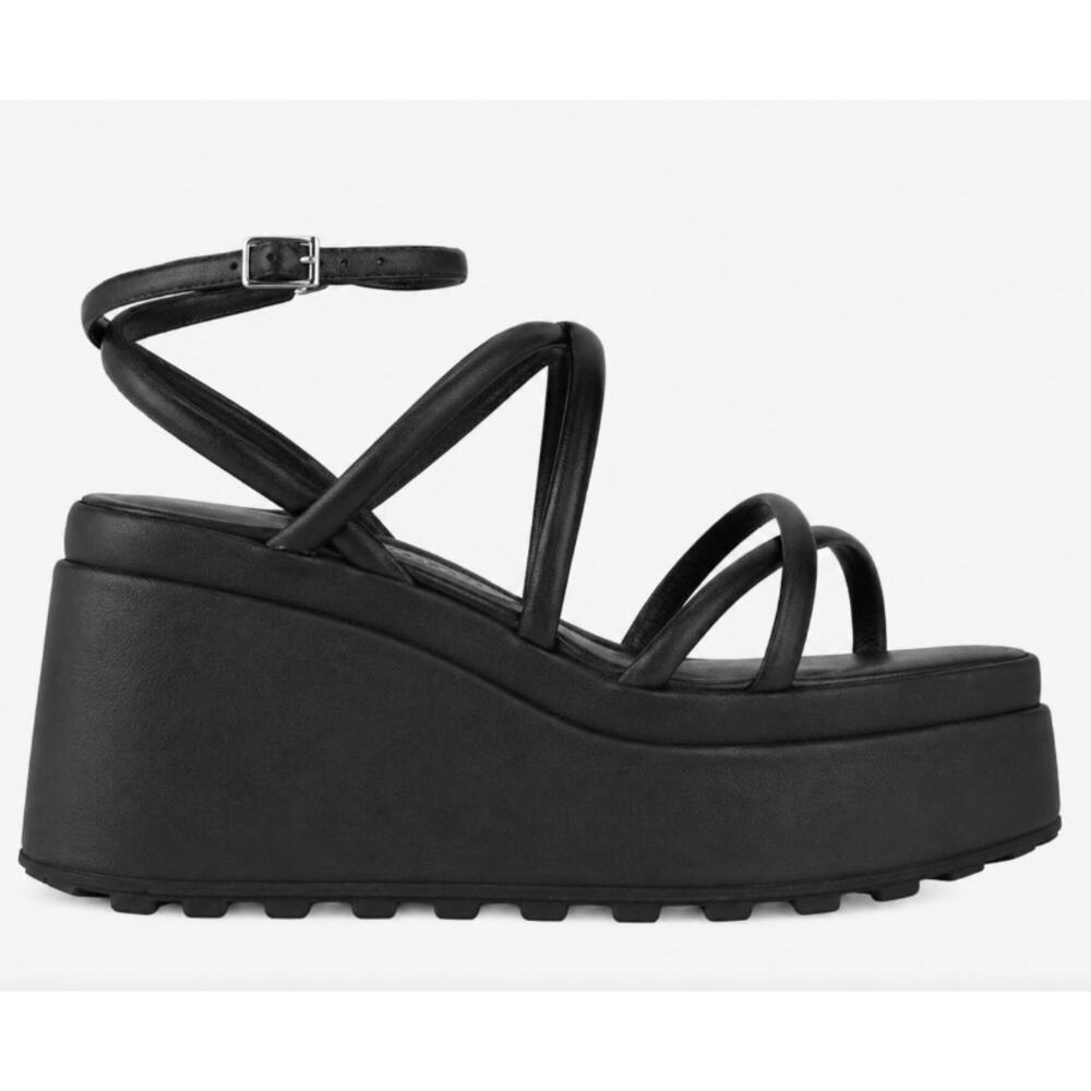Vic Matié Black Leather Platform Wedge Sandals EU 36